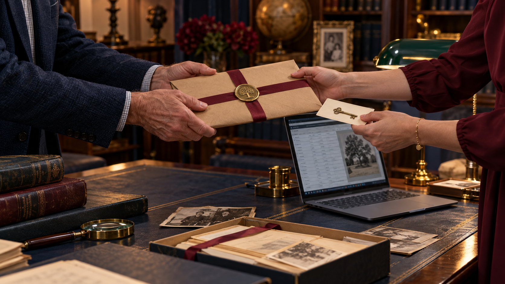 Two faceless product team members completing a controlled genealogy record handoff