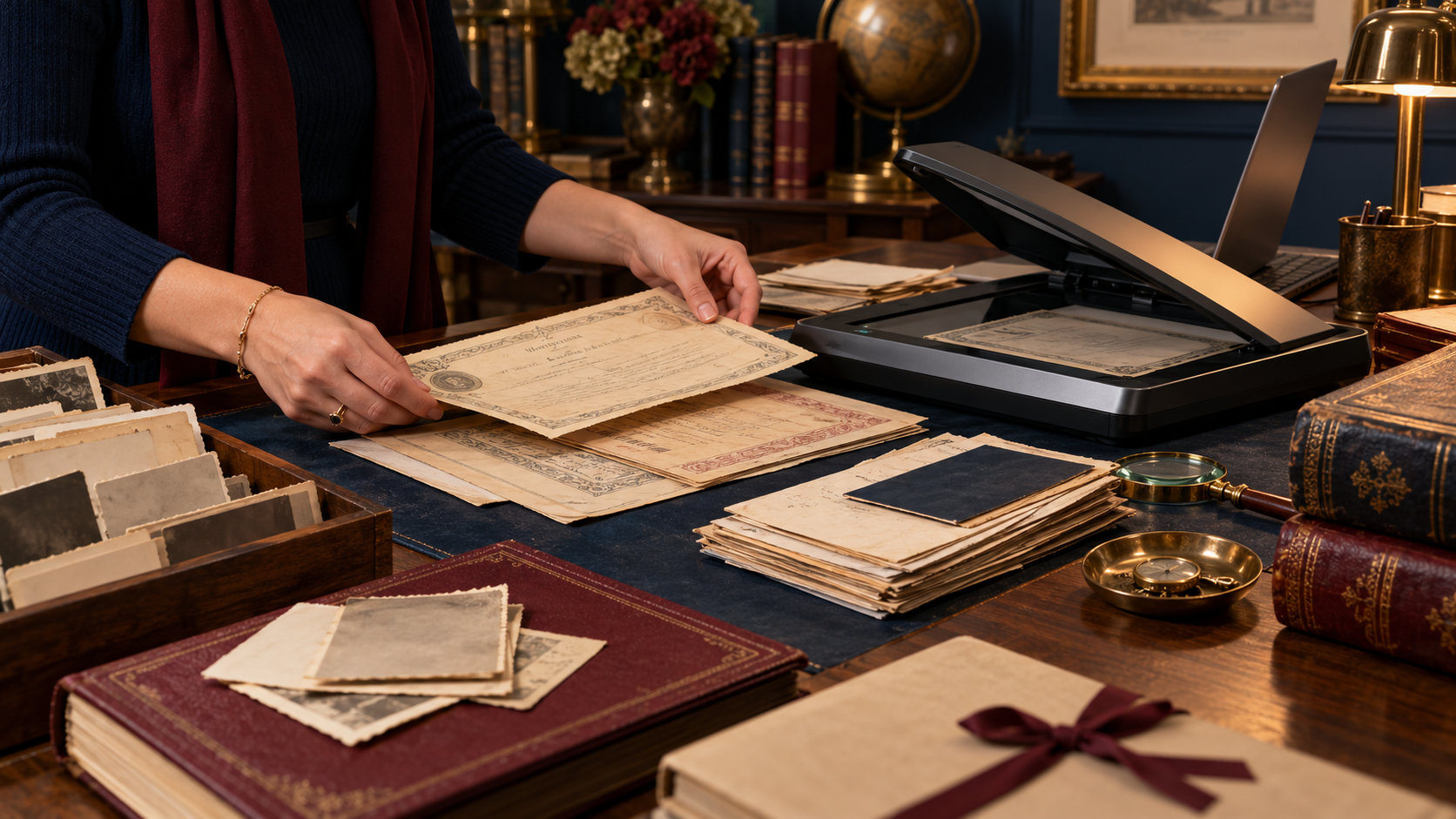 Faceless family historian organizing a confidential private genealogy record