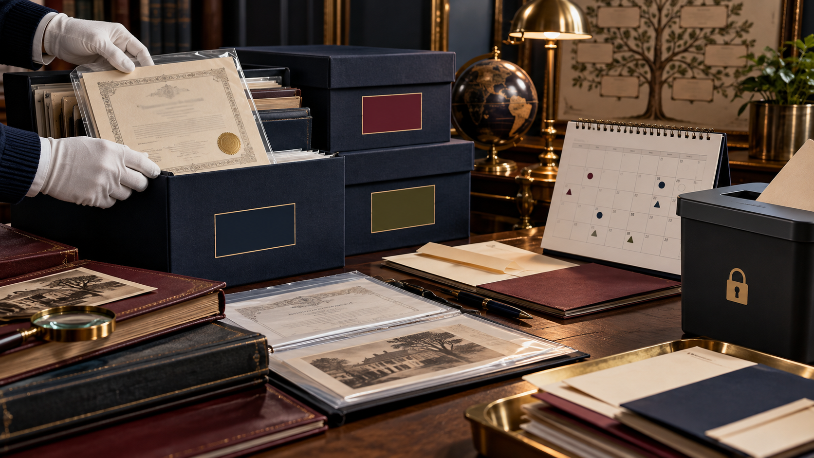 Hands reviewing genealogy record retention collections and archive media