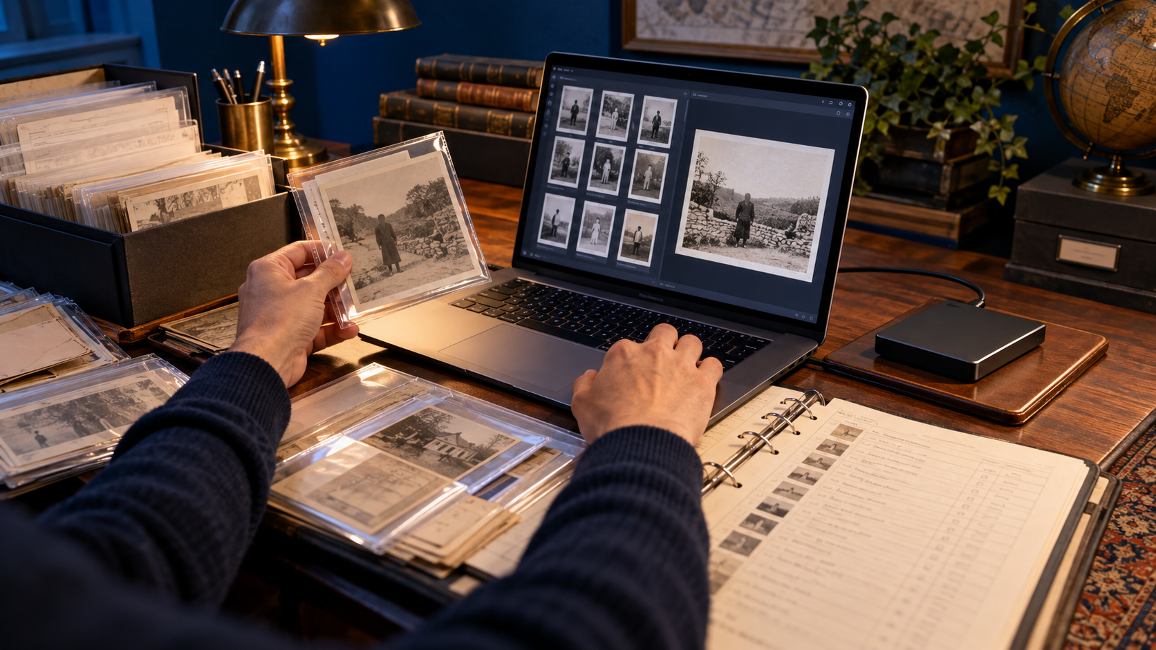 Faceless family historian running a genealogy record backup restore drill