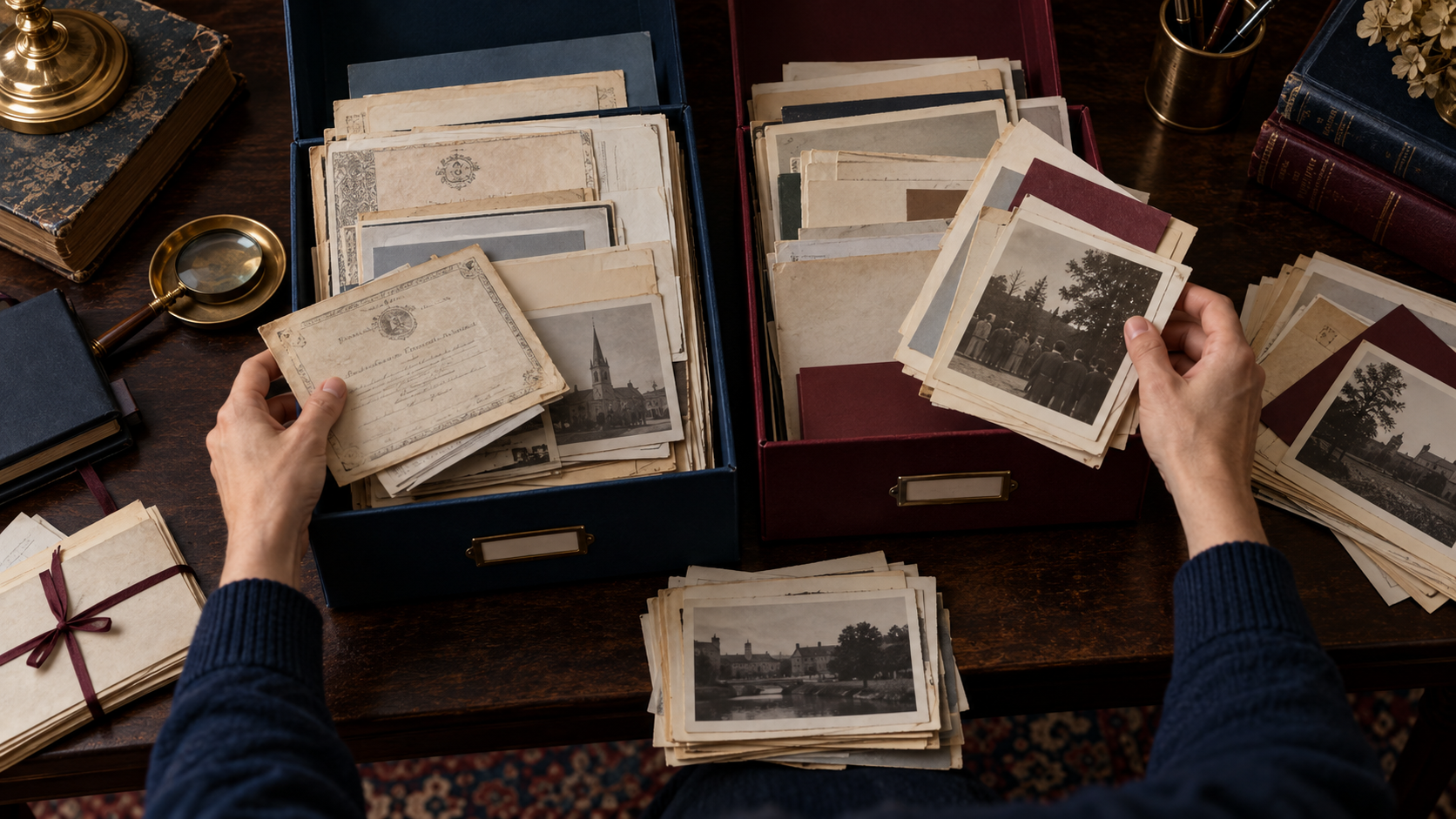 Hands sorting product genealogy record documents into scope groups