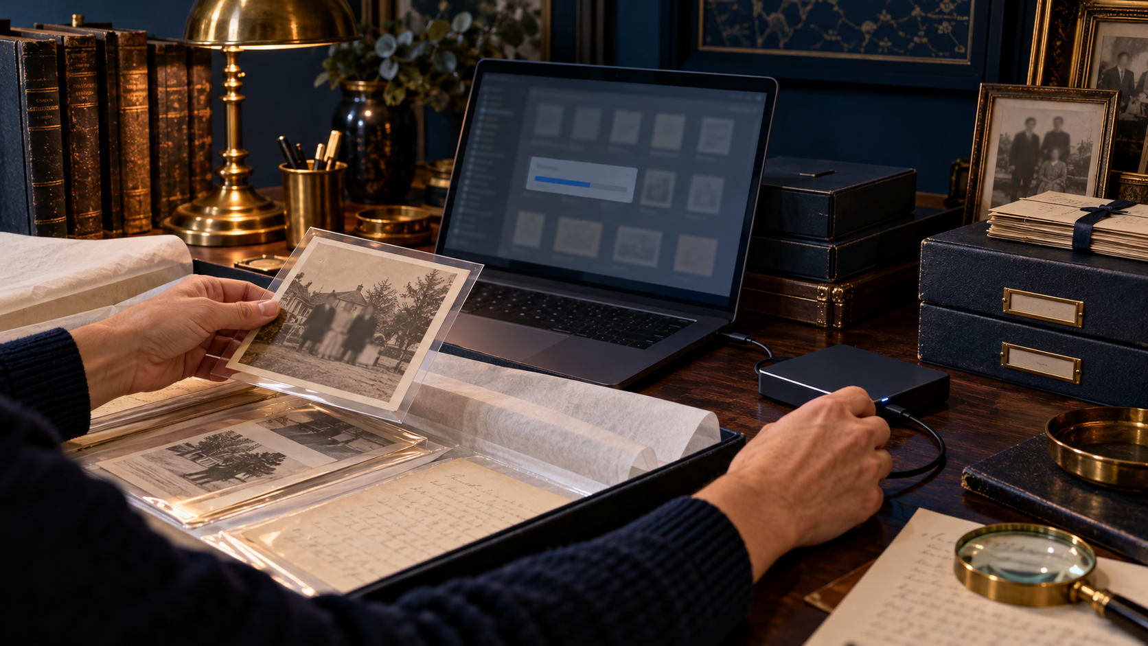 Hands placing genealogy record records into a separated working archive